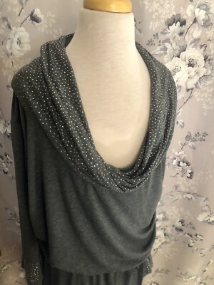 Cache Womens Medium Gray Silver Studded Cowl Neck Cinched Waist Long Tunic Top