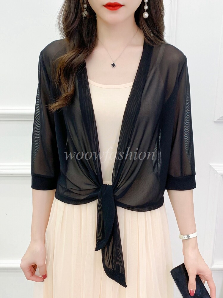 Women 3/4 Sleeve Sheer Cardigan Tie up Bolero Shrug Lightweight