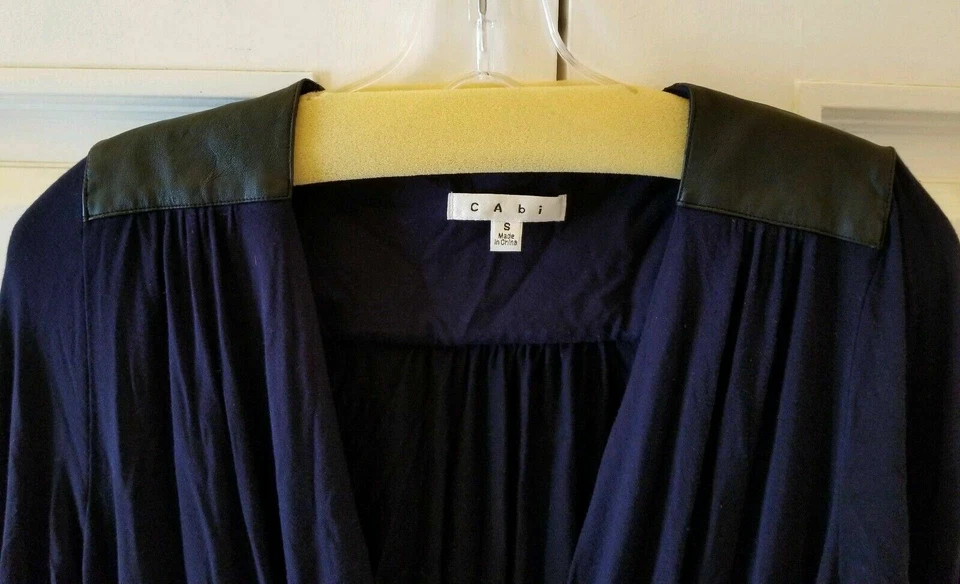 CAbi Navy Blouse Faux Black Leather Trim Size Small Limited Edition Long Sleeve  - Image 4 of 4