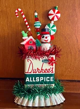 Vtg Christmas Kitsch OOAK Felt Snowman Sisal Tree Japan Spice Tin Art Assemblage