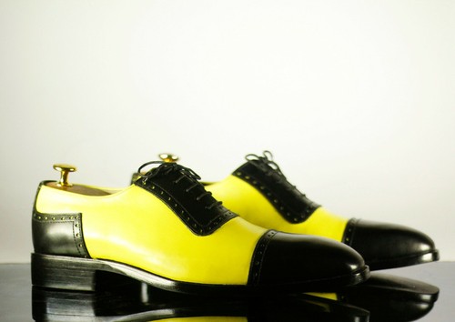 Handmade Men Black Yellow Cap Toe 