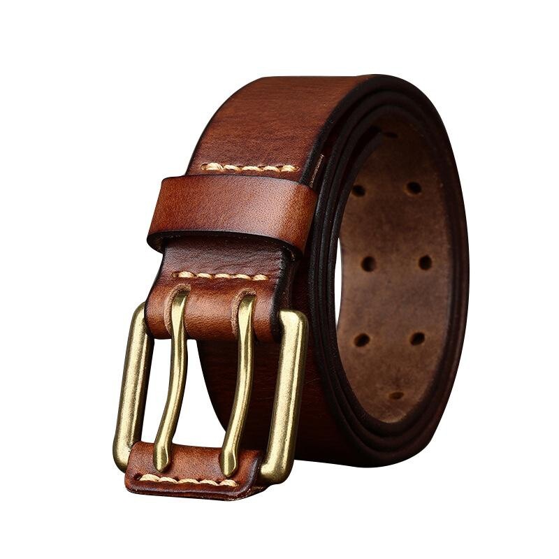Men Double Prong Leather Jeans Belt Solid Brass Buckle  display picture 1