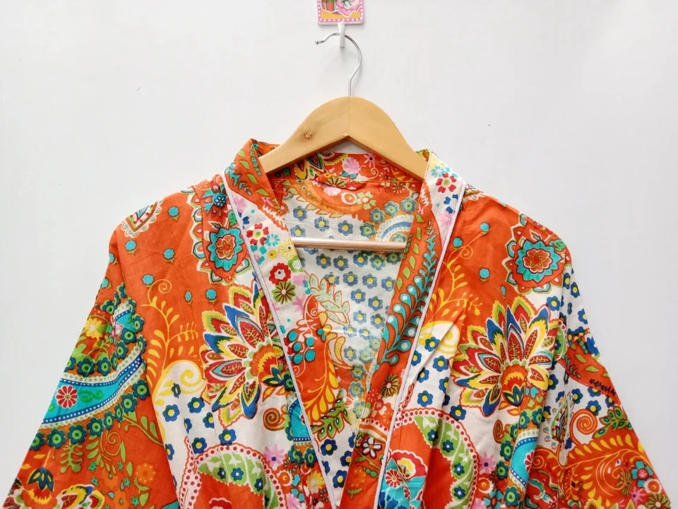 Bata de algodón con estampado de cachemira naranja indio kimono largo ropa para dormir batas kimono de noche Foto 4 de 4