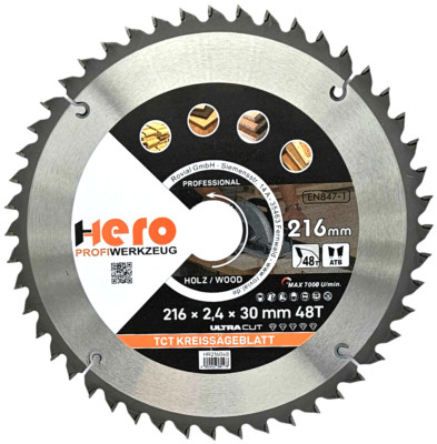 Kreissägeblatt 216 x 30/20 mm 48Z Profi HM Sägeblatt TCT Sägeblätter Holz HERO