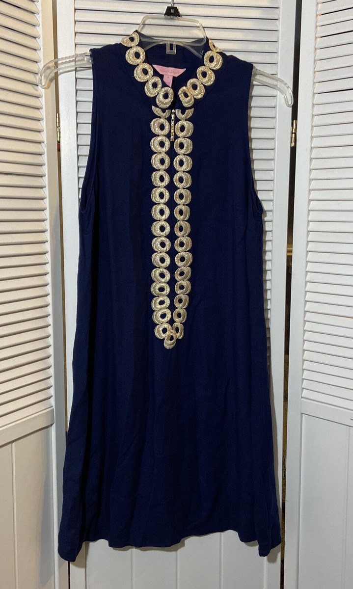 lilly pulitzer navy blue and gold dress Dress Designer By Lilly Pulitzer In Blue & White, Size: L main image 0