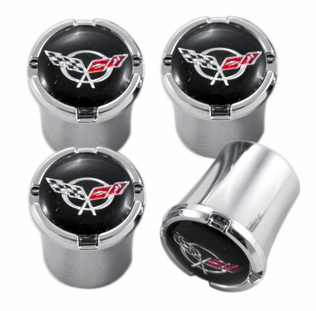 C5 Chevy Corvette Chrome & Black Valve Stem Caps with Crossed Flags