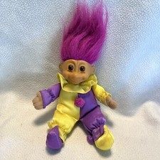 Vintage RUSS Troll Doll Plush Vinyl Purple Yellow JESTER Clown Outfit 6 Inches