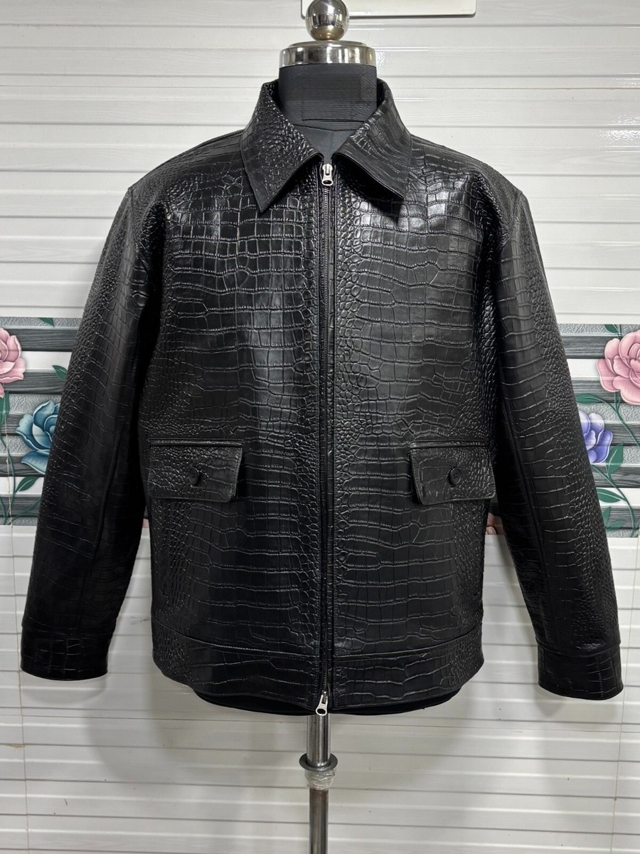 ジャケット・アウター Crocodile pattern Leather Jacket BU31 Men's Black Crocodile Pattern Real Leather Jacket Alligator Print