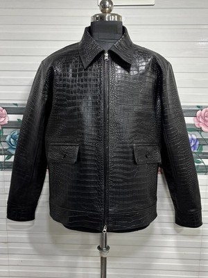 Men's Black Crocodile Pattern Real Leather Jacket Alligator Print