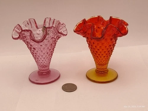 Fenton pair of 4 In. Hobnob Cranberry an Amberina Ruffled Top Bud Vases