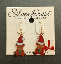 Silver Forest Teddy Bear Drop Earrings Christmas Santa Hat Rhinestone Enamel