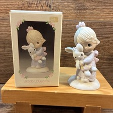 Precious Moments Figurine E-1372 G "Jesus Loves Me" 1978 Girl vintage bunny
