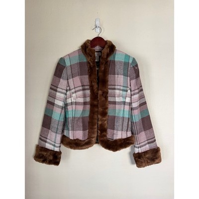 NWT Vintage Y2K J Marco Plaid Silk Lining Faux Fur Jacket, XS