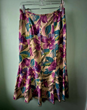 Marks & Spencer Floral Linen Midi Flare Skirt Size 8 Beige Purple Green