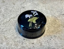 Vintage Black Enamel Trinket Dish with Hand-Painted Lilies
