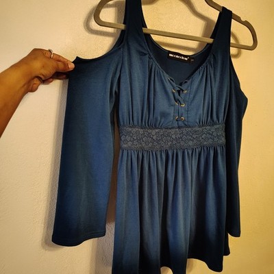 Mooncolour Blue Cold Shoulder Lace Up Tunic Top Women Small Boho Peasant top SM