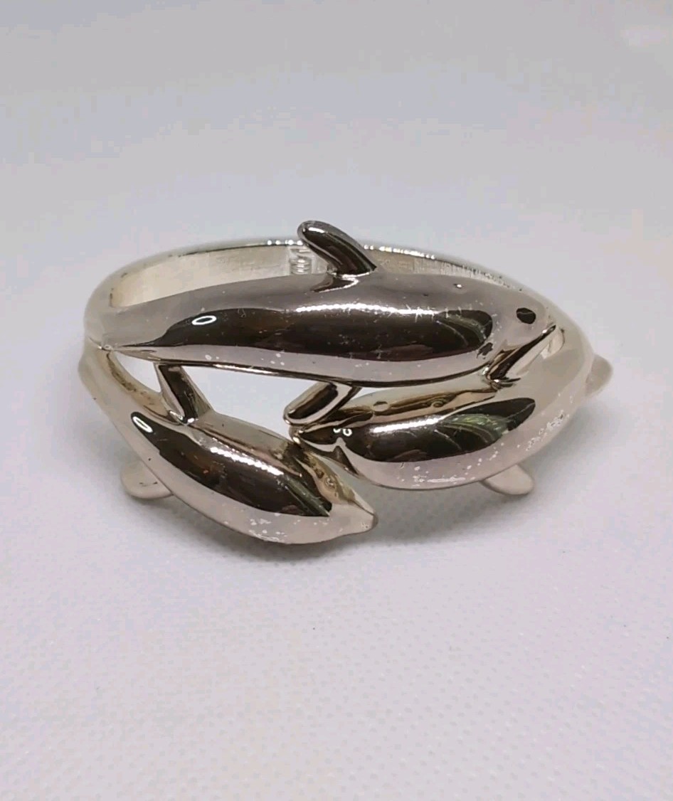 Three Dolphins Hinged Crossover Bangle Bracelet S… - image 2