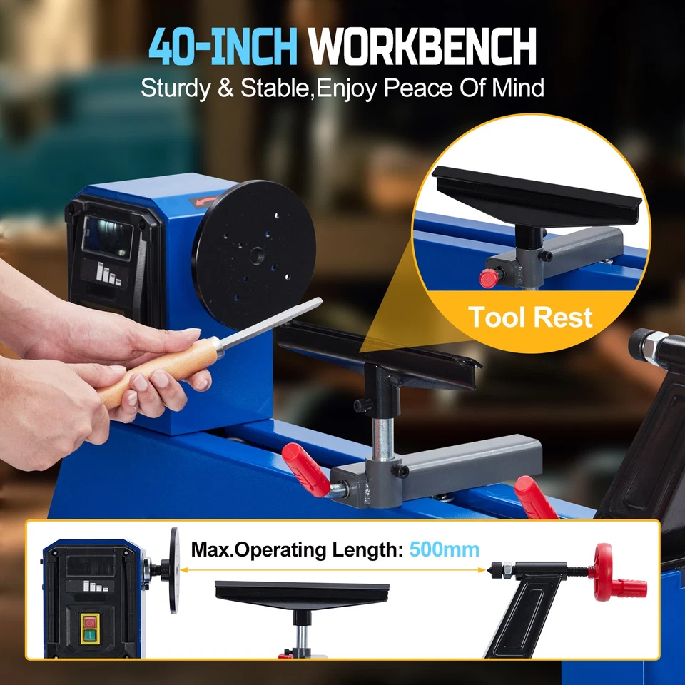 Benchtop Wood Lathe 14" x 20" 400W Power Wood Turning Lathe Adjustable Speeds - Image 3 of 4