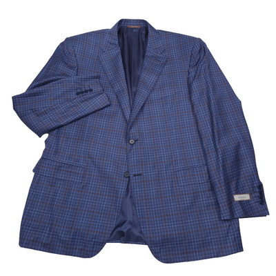Canali Sport Coat Mens 48R (Italy 58R) Blue Burgundy Check Wool Blazer Jacket
