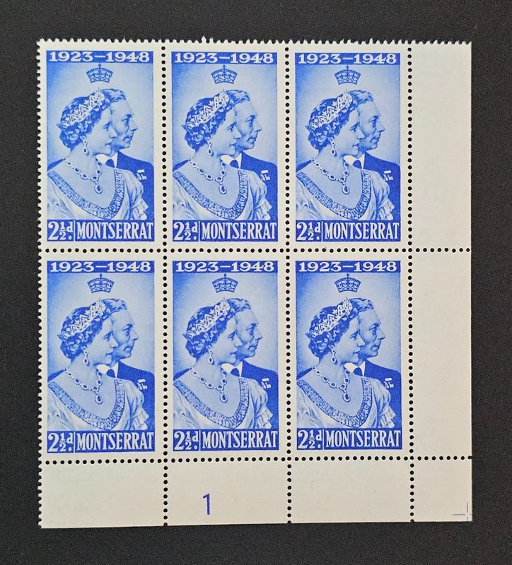 Montserrat 1949 KGVI Silver Wedding SG 115. Sc 106 2½d Blue Plate #1 BLOCK 6 MNH