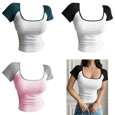 Frauen Crop-Top Farbblock T-Shirt Kontrastfarbe Tops Raglanärmel Bluse Kurzarm - Bild 1 von 3