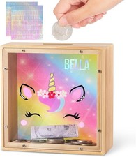 Piggy Bank for Kids, Wooden Money Coin Bank for Boys and Girls, Dinosaur Unicorn