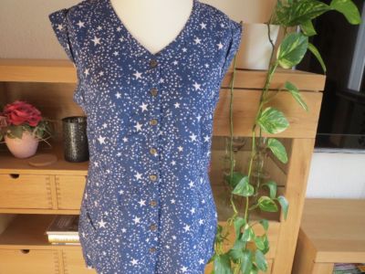 AJC Bluse Top Tunika, ärmellos, Gr. 44, dunkelblau, Sterne, durchgeh Knopfleiste