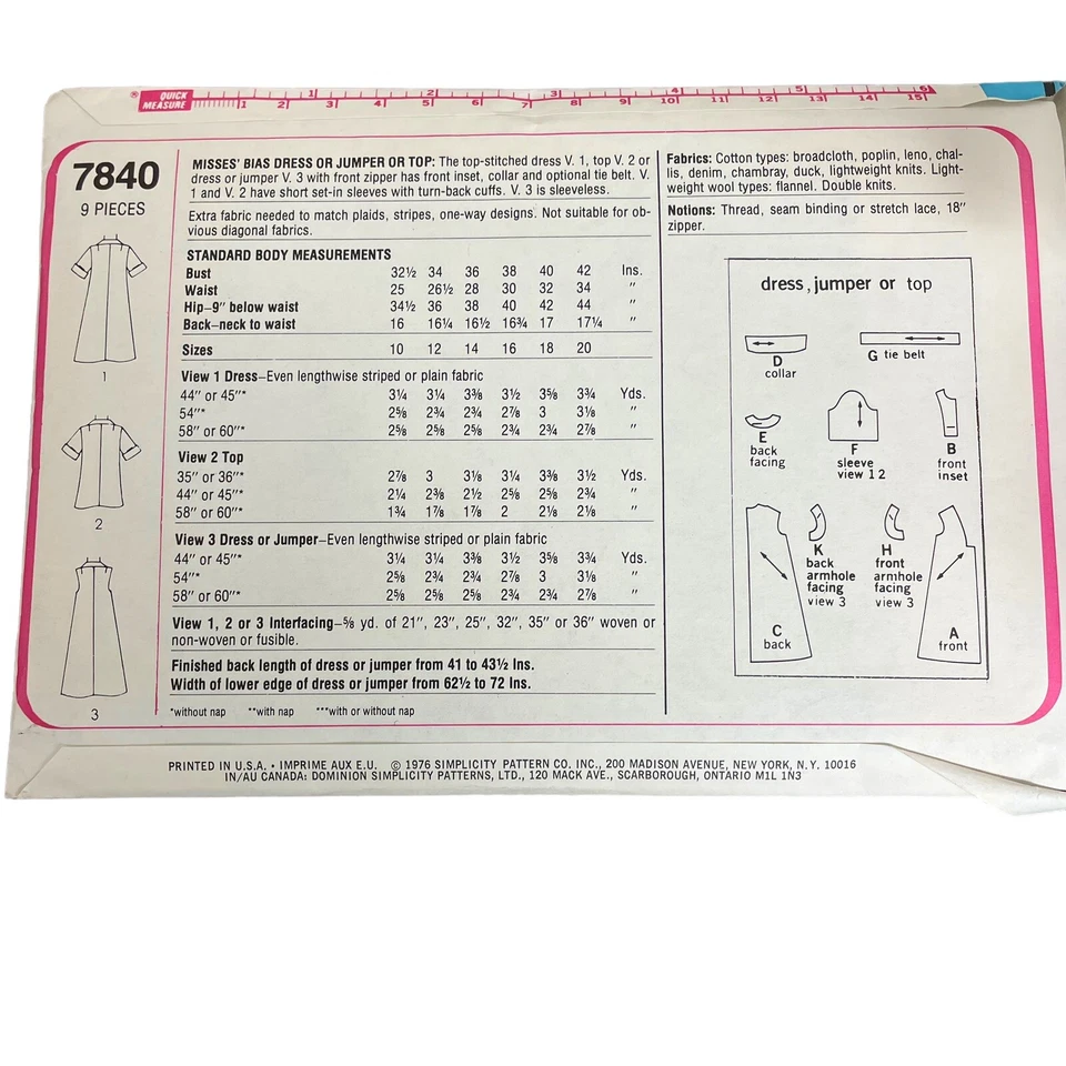 A-Line Tent Dress Jumper Top Sleeveless Sz 10 Pattern Simplicity 7840 Complete - Image 3 of 3