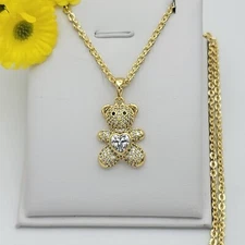 14K Gold Plated Icy Crystal Bear Pendant w Heart Chain Necklace. Oro Laminado