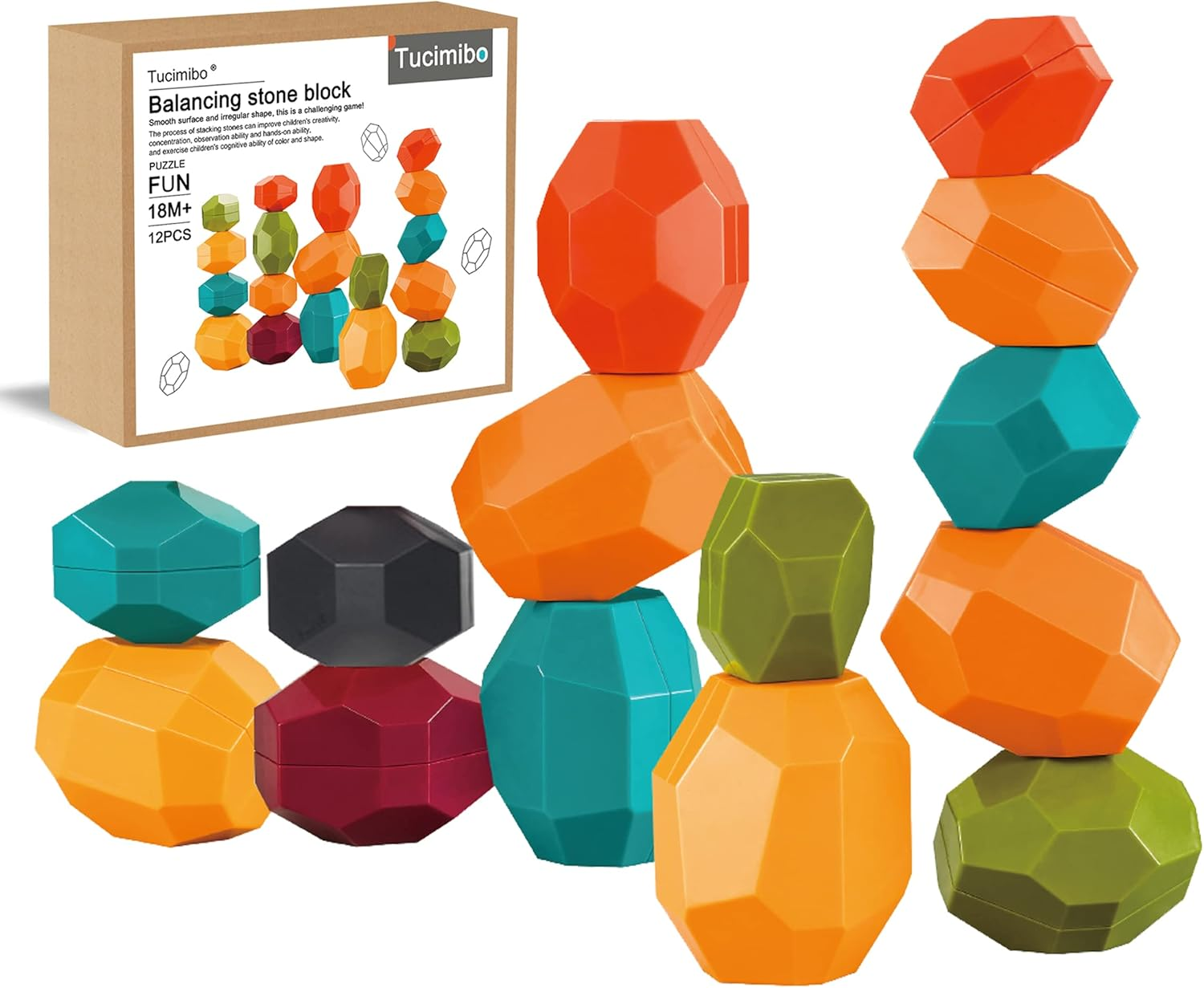 Jumbo Balancing Stones Toy Set, Polyhedral Plastic Stacking Rocks Educational Cr