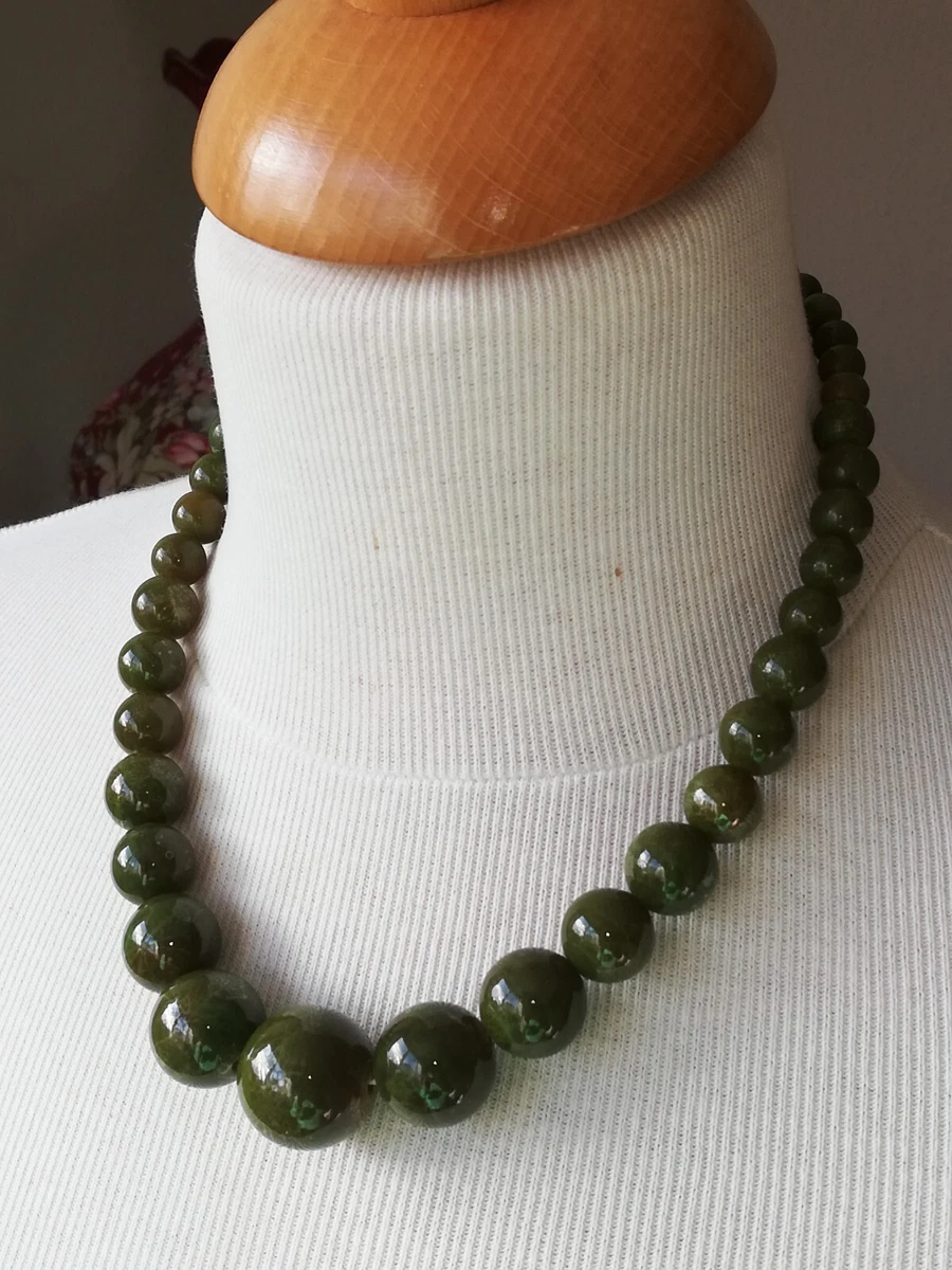 Collier Ancien Vintage En Perles Plastique Imitation Ambre Vert - Longueur 46cm, Style Rétro - Occasion (état Usé)