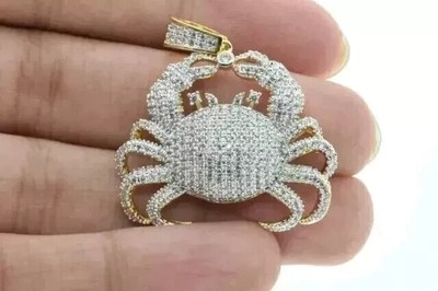 Tiny Crab Charm 2Ct Round Cut Lab Created Diamond Pendant 14K Yellow Gold Plated
