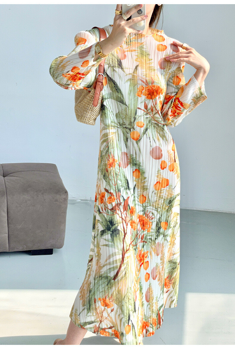 2024SS Moda Vestido Estampado Retro Francés Arrugado Elegante Falda Larga Media