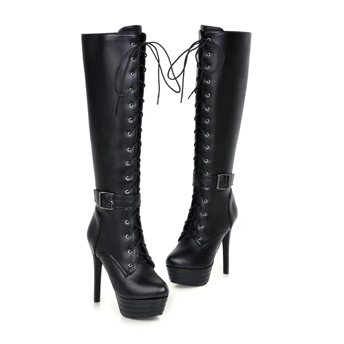 women Synthetic Leather High Heels Zipper Lace Up Shoes Knee Boots UK Size - Bild 7 von 43