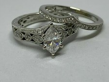 1.50Ct Marquise Real Moissanite Engagement Ring Set 14k White Gold Plated Silver