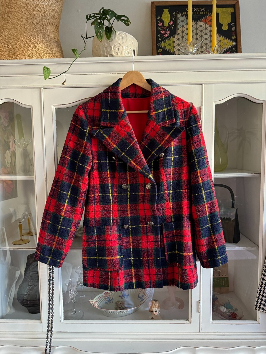 Vintage 1960s Custom Tailored Red Plaid Tweed Silk Lined Double Breasted  Jacket
