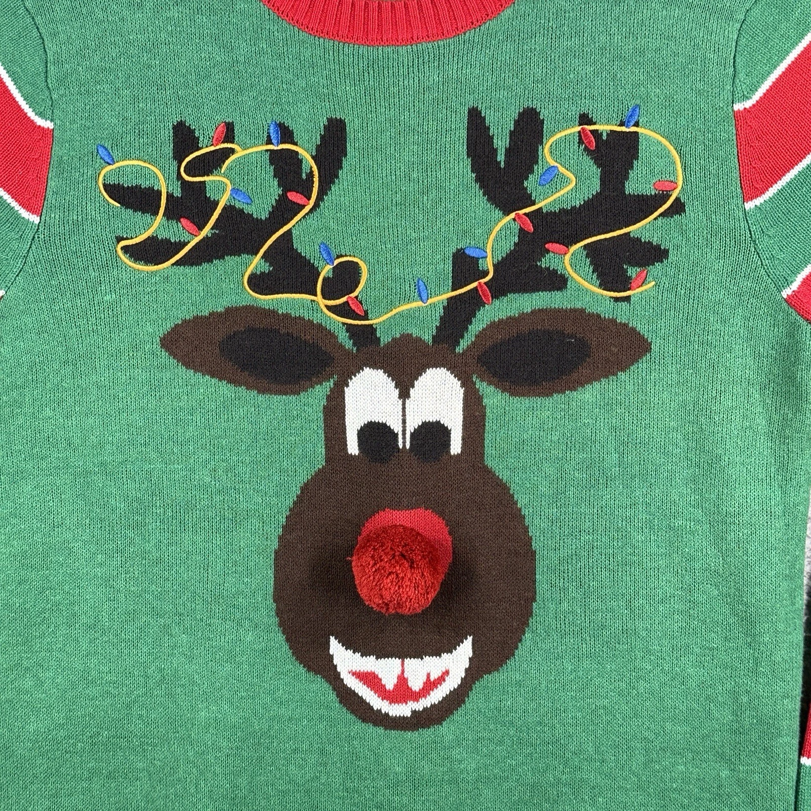 Ugly Christmas Sweater Reindeer Smiling Striped Front And Back Size Large Green