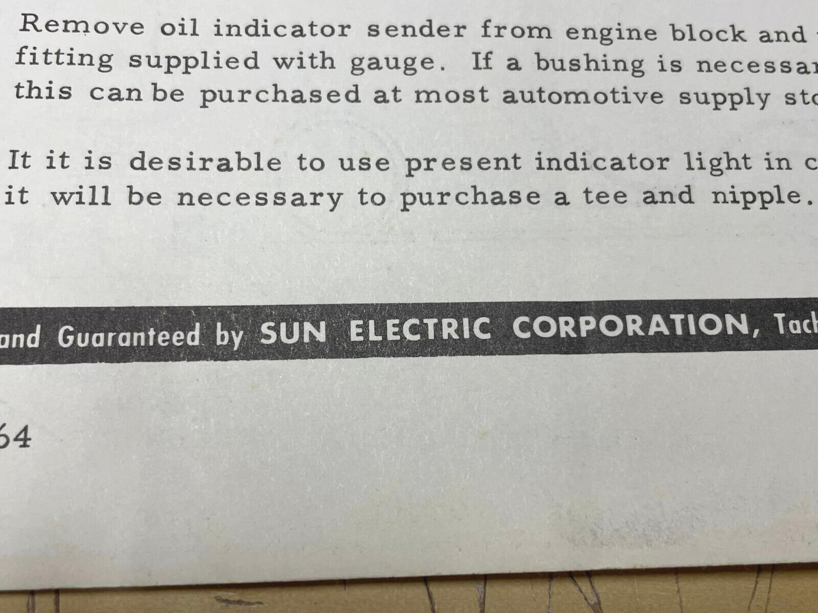 Vintage Original Sun Electric Corp Oil Pressure Gauge Installation Instructions