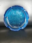 Vintage Blue Anchor Hocking Glass Lotus Flower Ashtray Dish 7” Textured Bottom