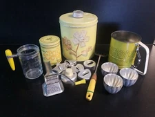 Vintage Primative Kitchen Yellow lot cracker tin metal molds utensils sifter