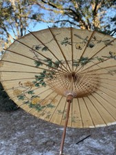 Vintage Hand Painted Asian Paper Parasol Umbrella Bamboo Wood Handle Decor