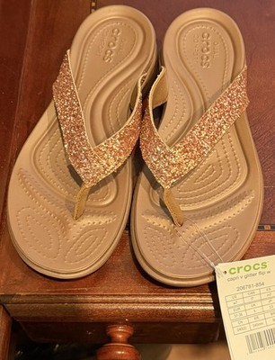 New Crocs Capri V Glitter Rose Gold Brown Beach Thong Flip Flops Sandals Women 7