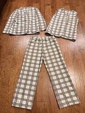 Vintage 1970s 3 Piece Leisure Suit Womens Knit Beige Brown Plaid Large 12-14
