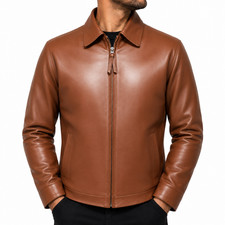 Men's Tan Genuine Lambskin Leather Moto Biker Jacket Shirt Collar Zip Front Coat