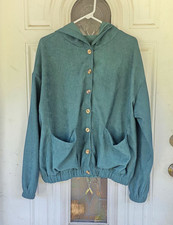 Women's Blue Solid Hooded Hoodie Jacket, Button Front, Pockets, Long Sleeve M