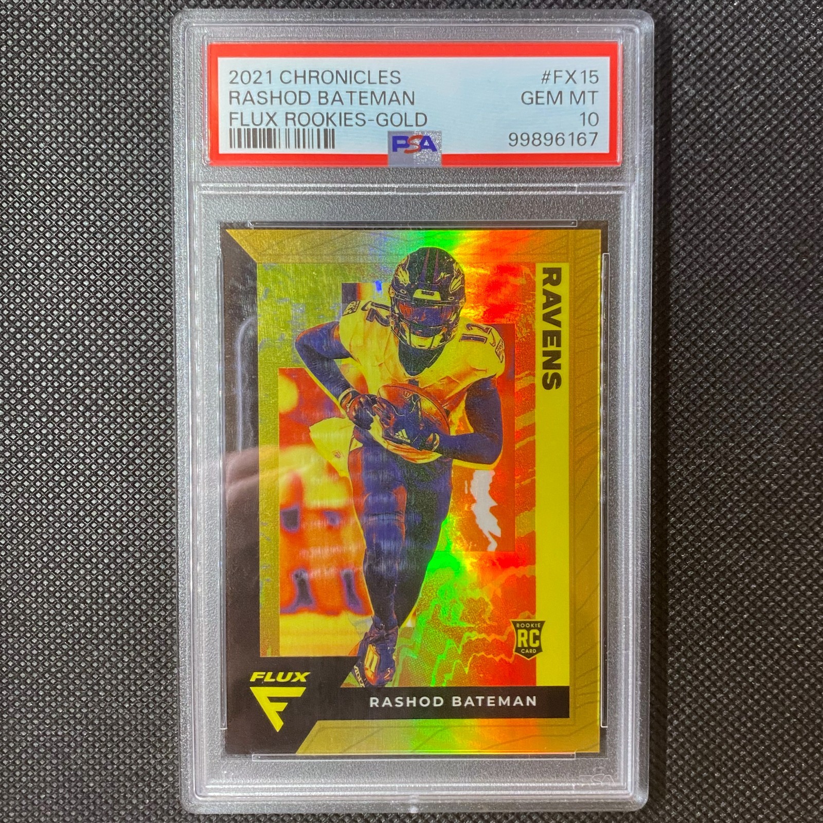 Rashod Bateman Flux Gold Prizm RC SSP /10 PSA 10 - 2021 Panini Chronicles #FX-15