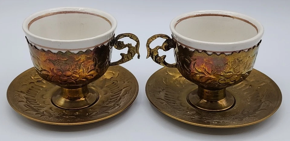 Tazas de café turcas de latón y porcelana con platillos 3 oz cada juego de 2 LEER AZUL Foto 2 de 4