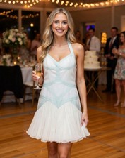 NEW ALECIA ZAMESKA Blue White Halter Top Ruffle Wedding Dance Prom Dress 4 S