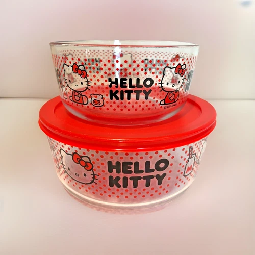 Vintage Pyrex Hello Kitty Glass Storage Bowls 4 & 7 Cup 7201 7203 w/ 1 Lid 2001