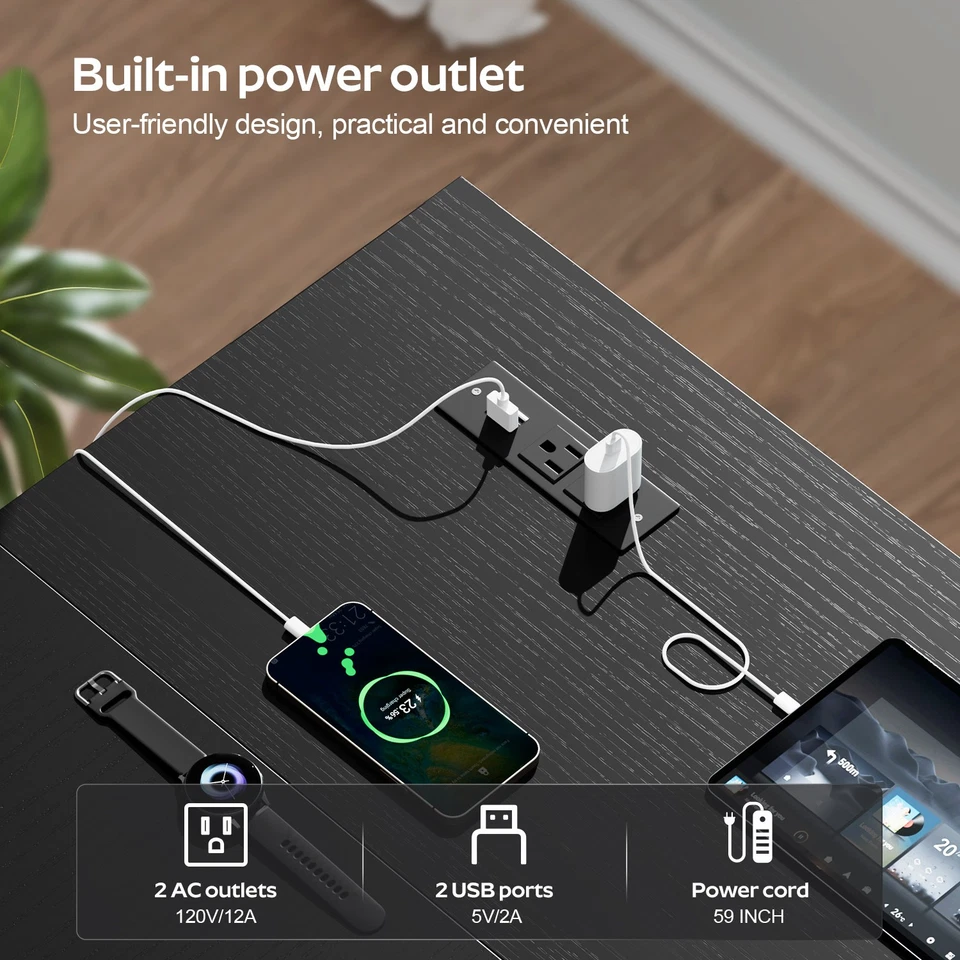 L Shaped Computer Desk with LED Light & Power Outlets, Corner Desk with Side Bag - Image 3 of 4